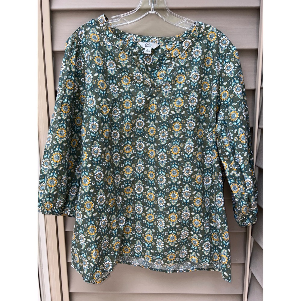 Cottagecore country look W XL Green Floral‎ Cotton 3/4 Sleeve Blouse